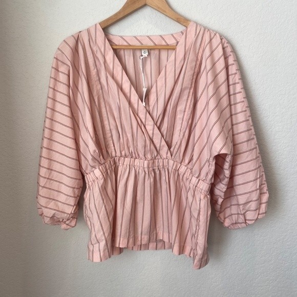 NWT Free Assembly Pink Balloon Sleeve 100% Cotton Wrap Blouse - Size M - Picture 5 of 9
